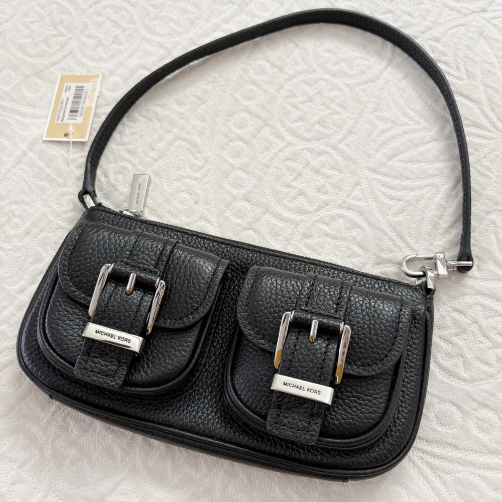 MICHAEL Michael Kors Zoe Small Pebbled Leather Pouchette Bag, Black